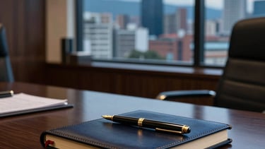 Professional photography of an upscale law office interior in a South American city. A polished dark wood desk holds a leather-bound notebook and a gold fountain pen. In the background, a large window reveals a blurred urban skyline of Bogota at dusk. The lighting is sophisticated and warm, featuring a palette of dark navy, steel blue, and Alice blue accents.