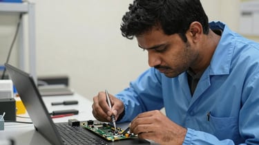 A close-up photograph of a professional South Asian / Indian technician wearing a clean blue lab coat, meticulously repairing a modern laptop circuit board with precision tools. The setting is a bright, modern repair workshop in Thane with off-white walls and organized technical equipment. Natural daylight creates a clean and efficient atmosphere.