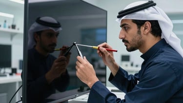 Professional Middle Eastern / Gulf technician in a clean, modern workshop in Al Nahda, Dubai, carefully inspecting a high-end OLED television screen with specialized tools. Bright technical lighting, focused composition, steel blue and light gray workshop environment.