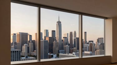 Wide architectural crop of a modern high-rise interior, focusing on a large window framing a dramatic city skyline at dusk, premium finishes visible, soft natural light, warm editorial photography.