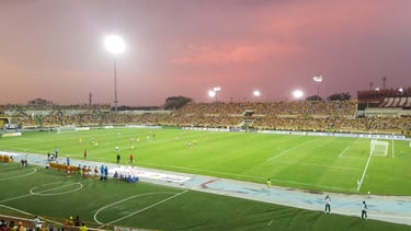 Vista do Estádio Olímpico Jaime Morón León em Cartagena, Colômbia, mostrando o gramado e as arquibancadas vazias.