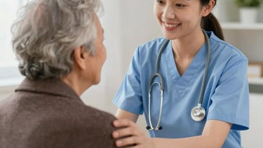 A compassionate nurse assisting an elderly patient at home in Amman