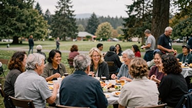 Wide shot of a diverse group of Washington community members of all ages, laughing and sharing a meal at an outdoor potluck in a park, soft overcast Pacific Northwest daylight, candid, earthy natural tones, 35mm film