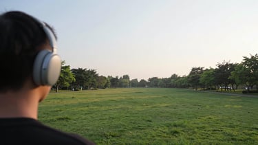 Wide panoramic view of a serene park at sunrise, a person in the foreground enjoying the view with the open-ear headset on, expansive sky, low horizon, soft morning light.