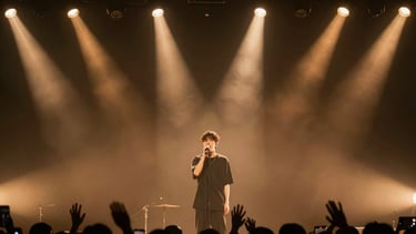 Cinematic wide frame of a live performance: musician at a microphone bathed in warm amber spotlights, deep stage shadow behind, audience silhouettes barely visible at the bottom edge — concert photography, atmospheric, no promotional text