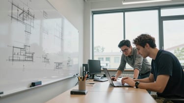 Wide panoramic view inside a working technical training room — long whiteboard covered in architecture diagrams to the left third, two practitioners leaning over a shared laptop screen in the right third, natural north-facing daylight from tall windows, no flash, no posed smiles, focus on the work surface