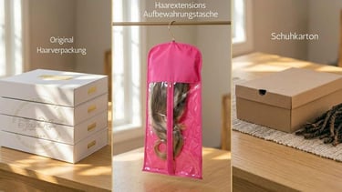 Comparison of hair extensions storage options featuring a pink carrier bag and original boxes.