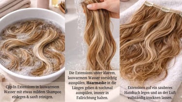 Step-by-step guide on how to wash, rinse, and air dry blonde clip-in hair extensions safely.