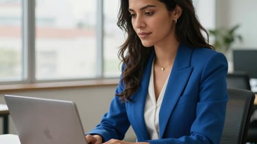 A successful South American / Hispanic woman in professional medium blue business attire working on a sleek laptop in a bright, modern office space. There is a warm amber notebook and a clean coffee mug on the desk. Large windows in the background let in soft natural light, highlighting a clean and motivating workspace.