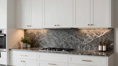 A high-end, professional architectural photograph of a modern residential kitchen in a North American / US home. The scene showcases cloud white cabinetry with bronze handles, charcoal grey marble countertops, and warm recessed lighting. The composition is clean and minimalist, highlighting the precision of the renovation craftsmanship.
