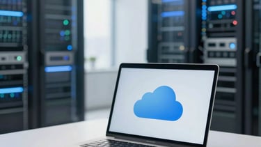 A clean, professional North American office setting featuring a high-resolution laptop on a white desk. The background is a soft-focus view of a modern data center with light blue and steel gray cooling lights, conveying a secure and trustworthy cloud technology atmosphere. Sunlight from a large window illuminates the scene, creating a forward-thinking and efficient mood.