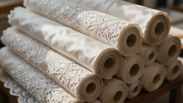 Close-up of luxurious rolls of Calais lace and Como silk fabrics, stacked in a quiet atelier, soft north-facing daylight casting gentle shadows, editorial fashion photography.