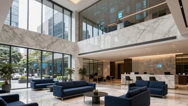 A high-end architectural photograph of a modern tech lobby in Mexico City. The space is filled with Off-white marble and Dark Blue furniture accents. Large glass panels show subtle Light Blue data visualizations. South American / Mexican corporate environment with natural daylight and a sophisticated, innovative atmosphere.