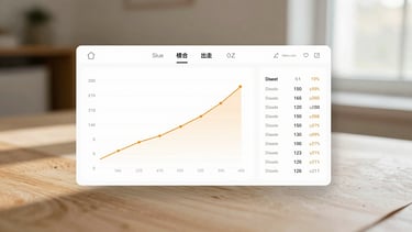 Clean screenshot of a minimalist author dashboard showing rising analytics graphs and click data, warm paper tones, soft natural light