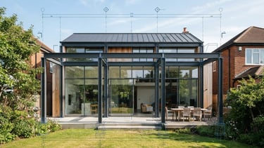 Sharp architectural photography of a modern residential extension with exposed steel beams, clean geometric lines, crisp daylight, technical blueprint line overlay, 35mm.