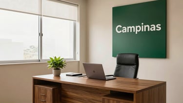 Photography of a modern and sophisticated real estate office in Campinas, South American / Brazilian setting. The interior features elegant wooden furniture, cream-colored walls, and large windows with soft natural light. On the desk, there is a small green plant and a professional laptop. The atmosphere is clean and trustworthy, dominated by beige and deep green tones.