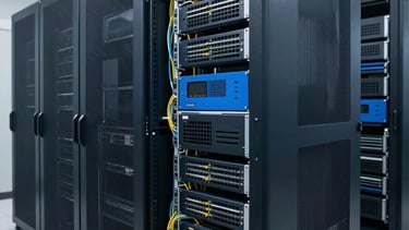 A professional photography shot of a clean, modern North American / US corporate server room with deep navy and soft blue equipment racks. The lighting is bright and technical, showing neatly organized low-voltage wiring and high-tech infrastructure in a polished setting.