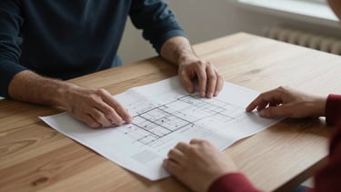 Close-up of hands reviewing physical architectural blueprints and strategic documents on a large wooden table, soft north-facing daylight streaming in, minimalist Scandinavian interior.