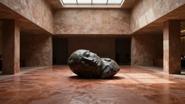 Wide shot of a dark terracotta clay floor sculpture in a double-height minimalist hotel lobby, natural light pouring from a skylight, raw plaster walls, solemn and dramatic atmosphere.