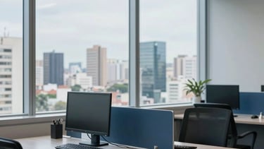 A professional and modern South American corporate office setting in Governador Valadares, Brazil. The scene shows a clean and organized workstation with a large window overlooking a Brazilian urban landscape. The lighting is bright and professional, utilizing steel blue and grey blue tones from the brand palette to convey trust and security.