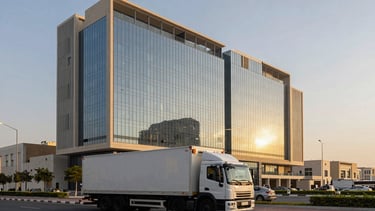 A high-end architectural photograph of the Arab Bank Building in Dubai's Port Saeed at dawn. The sky is a soft slate blue with golden sunlight reflecting off the glass facade. In the foreground, a modern, well-maintained commercial transport truck is parked on a clean, sun-drenched street, representing logistical capability. Professional Middle Eastern / Gulf urban atmosphere.