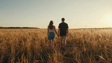 Panoramic wide shot of a couple walking hand in hand through a sun-drenched meadow at golden hour, backs to camera, long grass catching warm backlight, photographer's perspective from behind at a distance, sand and amber tones