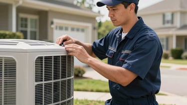 A professional HVAC technician in a clean navy blue uniform inspecting a modern air conditioning unit outside a North American suburban house. Bright natural daylight, soft focus on the residential background, conveying reliability and professionalism.