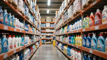 Wide warehouse shot showing organized shelves of household essentials — detergent boxes, dishwashing liquid bottles, and cleaning supply cartons stacked in neat rows under bright fluorescent lighting, scale and order prominent