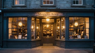 Wide panoramic shot of Muggles Keep storefront exterior at golden hour, warm light on the entrance, cozy and inviting, with a subtle sign, 35mm, shallow depth of field, deep blue and gold tones.