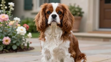 A beautiful Cavalier King Charles Spaniel sitting elegantly on a stone patio of a North American estate, surrounded by blooming flowers.