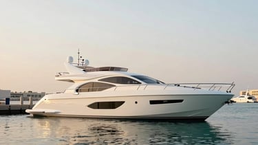 A side-profile shot of a sleek white luxury yacht moored at a Dubai marina during the golden hour. The soft light of the setting sun reflects off the calm turquoise water, highlighting the sophisticated marine engineering. Professional photography, minimalist composition, Middle Eastern / Gulf setting, featuring crisp white and light azure tones.