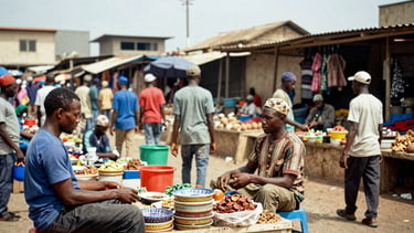 A busy, unposed scene at a Lagos market, merchants displaying goods under natural ambient daylight, documentary style.