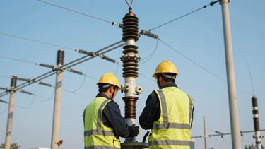 Utility engineers working on electrical infrastructure against a clear blue sky, natural ambient daylight, photojournalism.