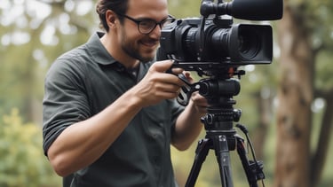 Professional video camera setup capturing a corporate advertisement scene