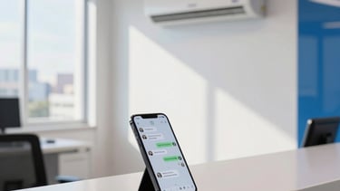 Photography of a modern office reception in Brazil with clean white walls and blue accents. On a sleek desk, a professional smartphone displays a chat app next to a miniature model of a wall-mounted air conditioning unit. Bright, natural South American daylight through a window, professional and welcoming atmosphere.