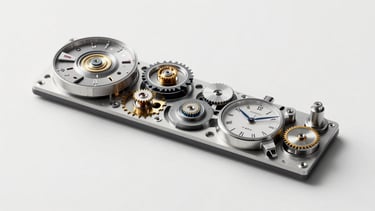 Plano técnico a escala completa del movimiento mecánico del Reloj T1, vista explotada de los componentes del calibre automático, líneas precisas, fondo blanco.