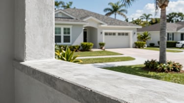 A professional architectural photograph of a classic Florida residential home. The shot focuses on a clean, restored light grey concrete window sill with smooth edges and no cracks. The background shows a sunny Ormond Beach neighborhood with palm trees under a bright blue sky. The style is clean and expert.