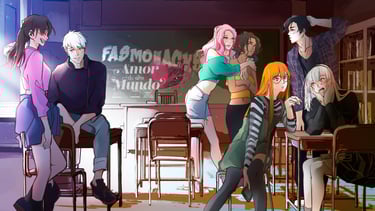 Cinco chicas y dos chicas en un aula de clase, con una pizarra de fondo.