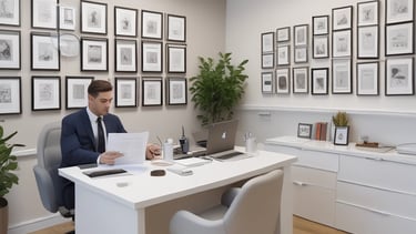 A professional consultation setting with a medical professional sitting at a desk facing a client. The room has a modern aesthetic with white walls decorated with framed certificates. The desk is organized with office supplies, a laptop, and a fruit bowl in the center.