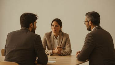 two men and woman sitting at a table
