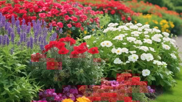 A well-maintained garden features a lush, green lawn adjacent to a building with a red corrugated iron roof and white walls. The building has a porch area furnished with chairs and tables. In the background, another larger building with a white facade and arched doorways is visible. The garden includes various potted plants and a few scattered decorative items.