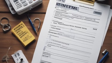 The scene includes a dimly lit workspace with a focus on tax-related documents, a pen, and a mug. The documents are prominently featured on the table, indicating a financial or tax preparation setting.