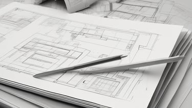 An architectural sketch appears on a desk, featuring a colored floorplan with measurements. Various tools and drawing supplies, including pens, a ruler, and an eraser, surround the plan. The drawing includes notes and uses vivid colors to highlight different sections.