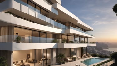A luxurious residential area featuring a villa with a tile roof surrounded by palm trees and lush landscaping. In the background, a tranquil lake reflects the clear blue sky, and mountains rise up in the distance, creating a serene and picturesque setting.