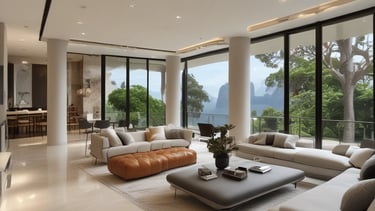 A luxurious multi-story residential building with a waterfront location, surrounded by palm trees and clear blue water. The architecture is elegant with arched windows and a light color palette.
