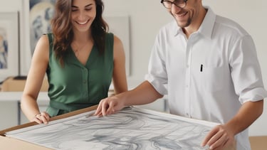 a man and woman are looking at a drawing on a large piece of paper