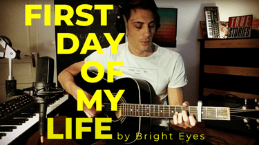 Guitar teacher performing 'First Day Of My Life' by Bright Eyes in home studio