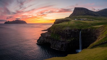 Sunset photo ovelooking Gásadalur and Múlafossur in the Faroe Islands