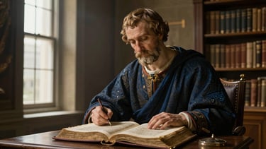 An ancient painting of Saint Augustine studying a manuscript, warm chiaroscuro lighting, classical theological library setting