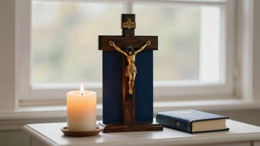 A serene home altar with a crucifix, a burning beeswax candle, and a small prayer book, soft natural light, warm atmosphere